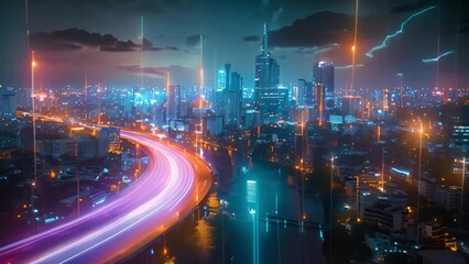 Aufkleber - Lightning strikes illuminating a vibrant cityscape during a nocturnal thunderstorm.