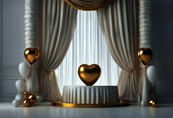Wall Mural - '3D heart balloon roman background podium gold rendering curtain white style cylinder stage poduim anniversary shape round sale luxury showcase fashion'