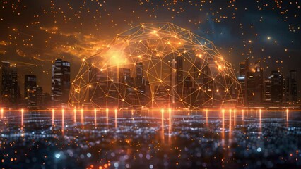 Aufkleber - A digital network overlay on a night city backdrop.
