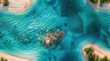 Wall Mural -   Aerial view of a sandy shoreline with crystal-clear blue water and swaying palm trees on each side