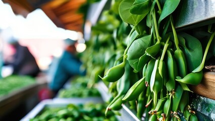 Green salad or beans at the vegetable market, background blurred. Copy space