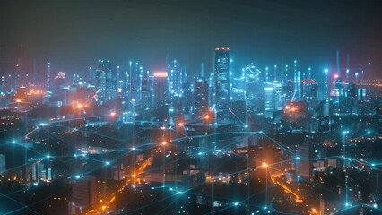 Aufkleber - A sprawling cityscape illuminated with neon lights and digital network connections.