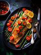 baked salmon with butter and rosemary sauce on a transparent image with small potatoes and small tomatoes Commercial photography