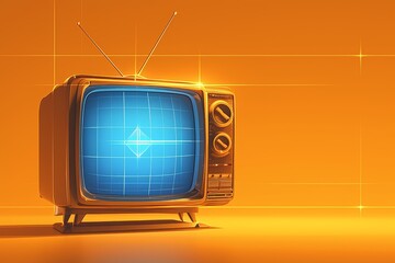 Vintage retro television set with blue screen on orange background. Retro tv and copy space for advertising, media or communication concept. Vintage retro television set with blue screen