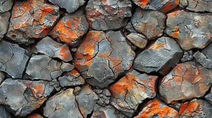 Poster -   A close-up of several rocks, adorned with orange and gray paint, are partially concealed beneath a layer of dirt at their uppermost surfaces