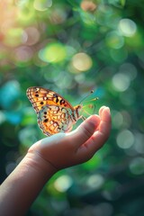 Wall Mural - butterfly on child's hand close-up