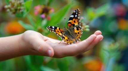 Poster - butterfly on child's hand close-up