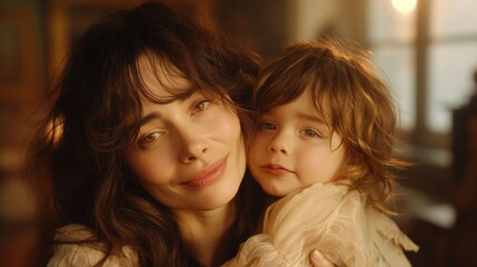 Wall Mural - Portrait of mother and her daughter at home. Close-up.