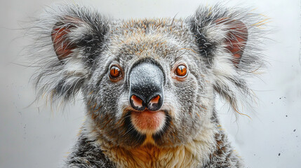 Poster -   Koala face in close-up, hair blowing, facing camera