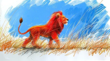 Wall Mural -   A majestic lion standing amidst tall blades of grass against a vivid blue sky