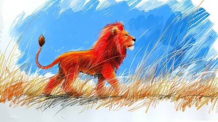 Poster -   A majestic lion standing amidst tall blades of grass against a vivid blue sky