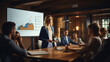 © PGS - real image of a confident young female executive standing giving a presentation in a meeting room, whiteboard in the background, chart,