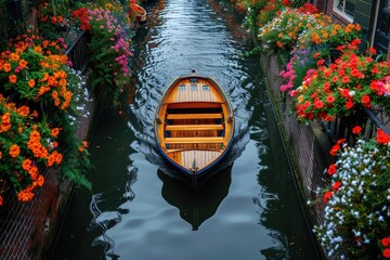Wall Mural - a boat riding in a narrow canal having beautiful flowers on both edges