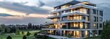 © SKIMP Art - residential apartment building in a modern style, with grassland and trees in the front view, lighting at dusk time, cloudy sky Generative AI