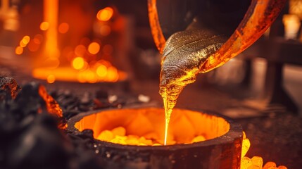 Molten metal being poured from a furnace into a mold, close-up