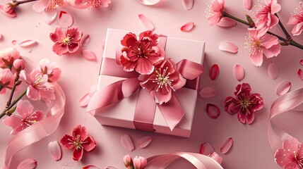 Wall Mural - Celebrate Mother s Day in style with a chic gift box set against a lovely pink background adorned with a beautiful arrangement of flowers Accompanied by a heartfelt greeting card template t