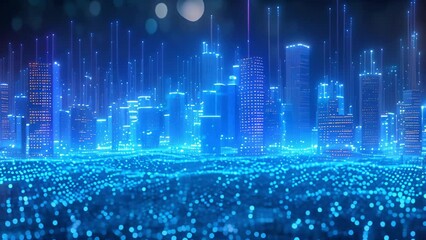 Aufkleber - A city skyline filled with numerous blue lights, glowing brightly against the dark night sky, creating a striking urban scene.