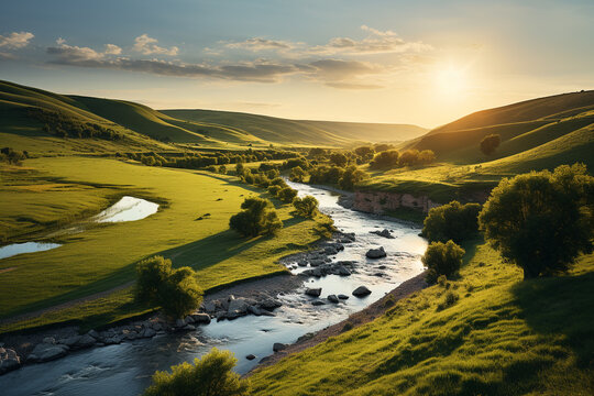 A peaceful countryside scene with rolling hills and a winding river, bathed in the warm light of the setting sun
