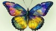   A colorful butterfly sits atop a sheet of watercolor-painted paper, with its wings adorned in vibrant hues