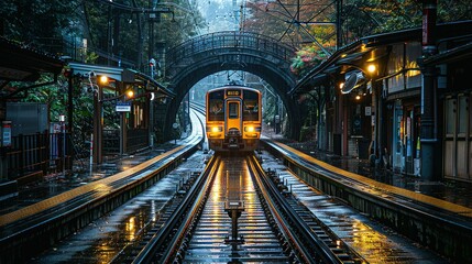 Canvas Print -   A train travels through a train station adjacent to one with a train on its tracks during the night