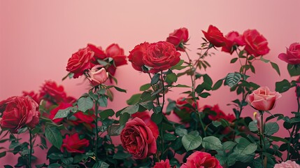 Wall Mural - Vibrant red roses bloom against a soft pink backdrop