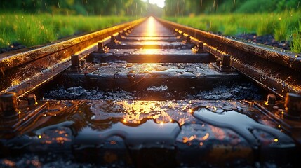 Sticker -   Through the raindrops, sunlight illuminates a train track amidst a green meadow