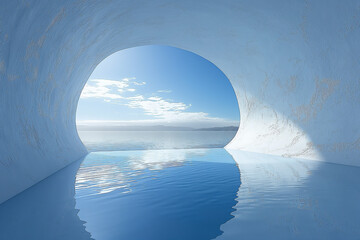 Wall Mural - A large hole in a wall of ice with a blue sky above and a body of water below