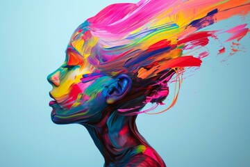 Poster - Eclectic Colorful woman head. Creative mind. Fictional person. Generate Ai