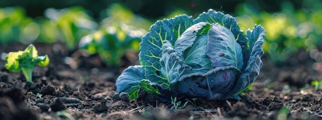 Canvas Print - Cabbage grows in the garden close-up