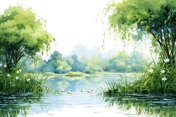 Wall Mural - A peaceful pond surrounded by weeping willow trees with ducks swimming on its surface, isolated on solid white background.
