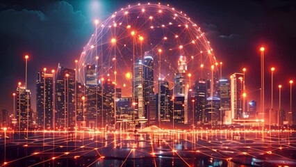 Aufkleber - A nighttime skyline with illuminated digital network overlay symbolizing connectivity.