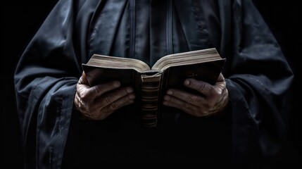 Catholic christian church priest wearing black cassock robe holding the holy bible book in his hands. Isolated on dark black background