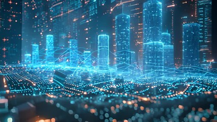 Aufkleber - A futuristic city illuminated by glowing lights and lines, creating a dynamic and technologically advanced urban landscape.