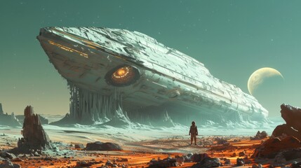 Poster - A man is standing on a rocky desert planet next to a huge ship. The ship is covered in ice and he is a spaceship. The man is wearing a spacesuit and seems to be exploring the area