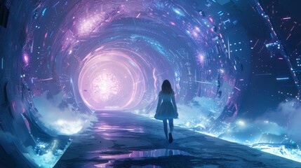 Poster - A woman walks down a tunnel in a futuristic setting. The tunnel is illuminated with neon lights and the woman is wearing a white dress. The scene is surreal and otherworldly, with a sense of mystery