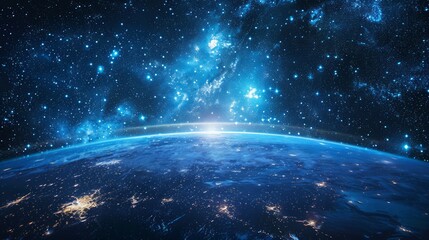 Poster - A blue and white planet with a bright star in the sky. The planet is surrounded by a vast expanse of stars