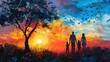 Joyful family painting together in a beautiful sunset with warm vibrant colors, happy parenthood