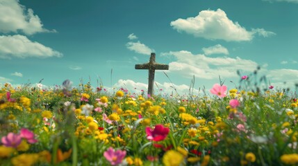 Wall Mural - Christian Cross in the middle of flower field. Good Friday Palm Sunday Concept