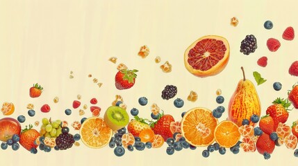 Poster -   Painting of various fruits on white background with blueberries, oranges, raspberries and strawberries