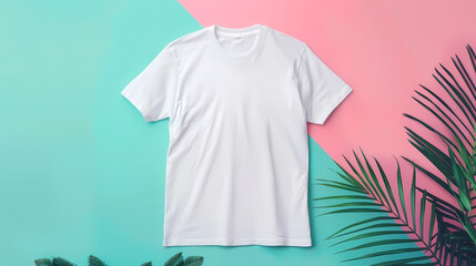 Wall Mural - White T-Shirt Display on a Pastel Blue and Pink Background With Tropical Leaves, shirt product template
