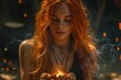 Captivating image of a redhead woman with freckles, holding magical sparks and surrounded by enigmatic smoke