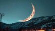   A crescent moon illuminates the night sky over a snow-covered mountain range A streetlight glows in the foreground