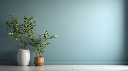 Wall Mural - Empty room adorned with plants against a soothing blue wall, creating a serene and natural atmosphere