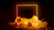 © RocknRoller Studios - Orange and Yellow Neon Light with Cloud Formation. Square shaped Fluorescent Frame in Dark Environment.