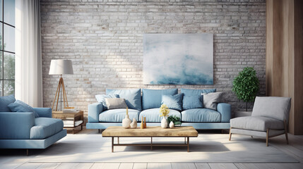 Wall Mural - Interior background home light render house decoration apartment brick contemporary modern blue, creating a serene and modern living space