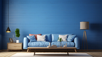 Wall Mural - Interior background home light render house decoration apartment brick contemporary modern blue, creating a serene and modern living space