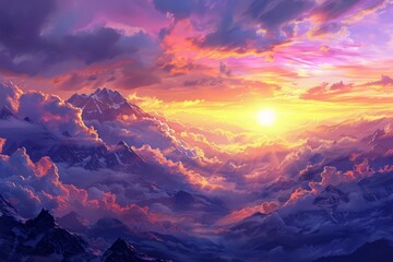 Wall Mural - majestic awakening breathtaking sunrise over mountain range digital painting