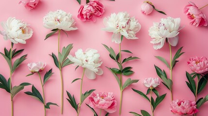 Wall Mural - Celebrate Mother s Day with stunning peony blooms spread elegantly on a lovely pink backdrop in a flat lay arrangement Happy Mother s Day