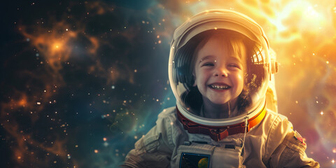 cheerful child wearing astronaut suit in space. kid in spacesuit watching meteorites and stars. chil