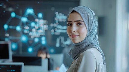 Wall Mural - Portrait of a young Arab woman wearing a hijab in a classroom with a digital hologram. Beautiful teacher of new technologies in closed clothes with modern screens.